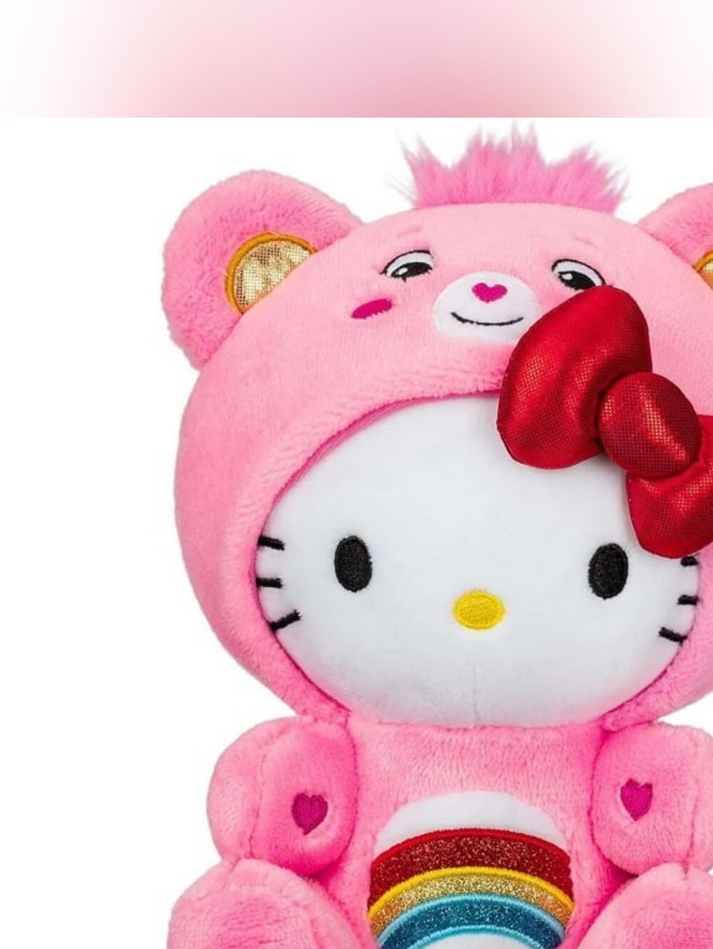 Hello Kitty Pink Plush in Care Bear Costume with Red Bow and Rainbow